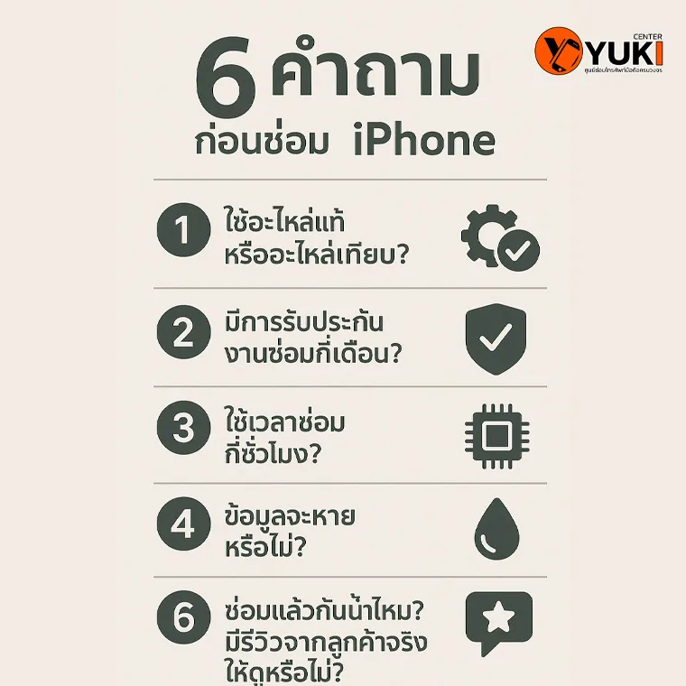 อินโฟกราฟิก 6 คำถามก่อนซ่อม iPhone เช่น ใช้อะไหล่แท้หรือเทียบ มีประกันงานซ่อมหรือไม่ และข้อมูลจะหายหรือเปล่า