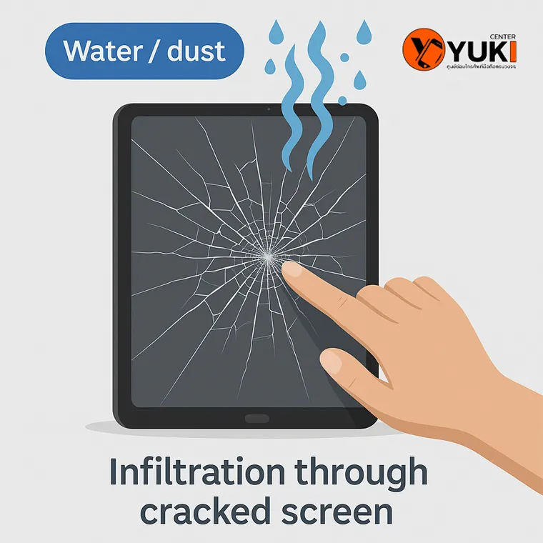 อินโฟกราฟิกแสดงการซึมของน้ำและฝุ่นผ่านรอยแตกบนหน้าจอ iPad พร้อมนิ้วแตะจอ สื่อถึงความเสี่ยงที่อาจทำให้เครื่องเสียหาย โดยร้านซ่อม iPad Yuki Center