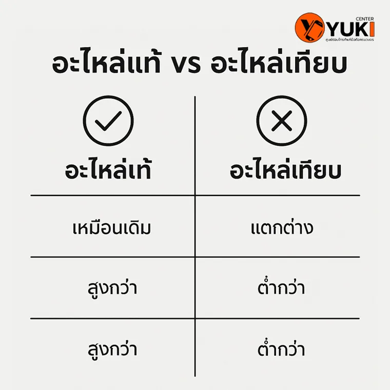 อินโฟกราฟิกเปรียบเทียบอะไหล่แท้กับอะไหล่เทียบ แสดงความแตกต่างด้านคุณภาพ สี ความทนทาน และราคา โดยร้านซ่อมมือถือ Yuki Center