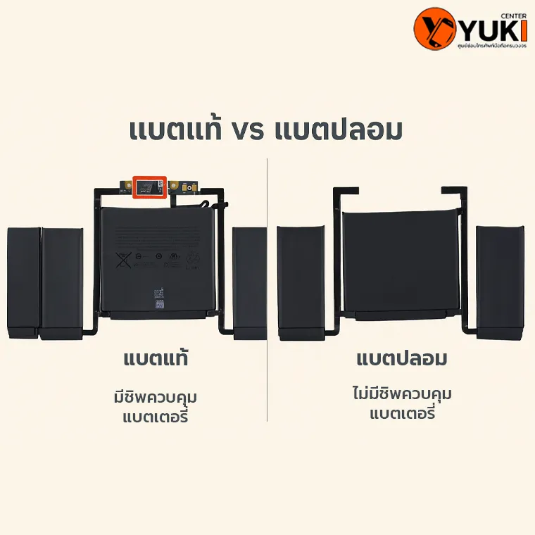 เปรียบเทียบแบต MacBook แท้ vs แบตปลอม แบตแท้มีชิพควบคุม แบตปลอมไม่มี