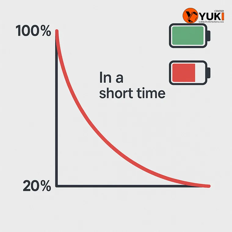 อินโฟกราฟิกแสดงกราฟเปอร์เซ็นต์แบตเตอรี่ลดลงจาก 100% เหลือ 20% ในเวลาอันสั้น แสดงถึงแบตเสื่อมโดยร้าน Yuki Center