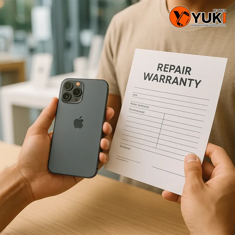 ลูกค้ารับเครื่อง iPhone หลังซ่อมเสร็จ พร้อมใบรับประกันจาก Yuki Center ศูนย์ซ่อมมือถือครบวงจร