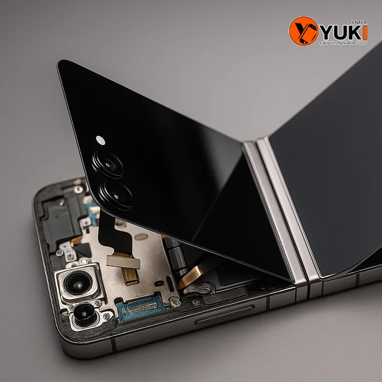 ช่างกำลังแกะเครื่อง Samsung Galaxy Z Flip5 เพื่อเข้าถึงสายแพและชิ้นส่วนภายในสำหรับซ่อมอาการหน้าจอทัชสกรีนไม่ได้