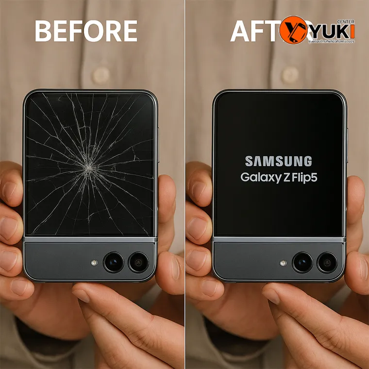 ภาพ Before–After ของ Samsung Galaxy Z Flip6 ก่อนซ่อมกระจกแตกและหลังซ่อมเสร็จโดย Yuki Center