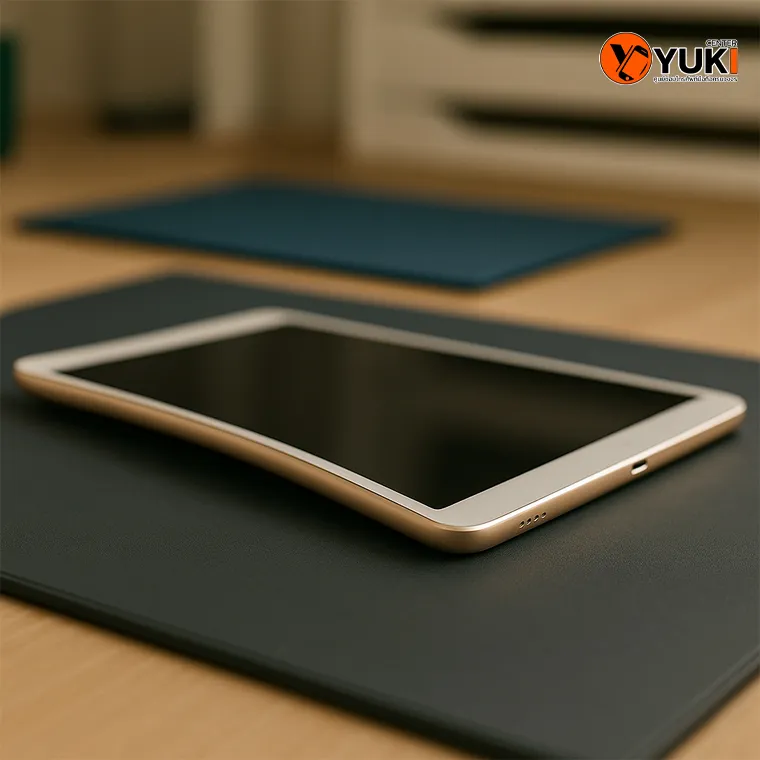 ภาพ iPad เครื่องงอบิดเล็กน้อย วางบนโต๊ะซ่อมในห้องซ่อมแบบพรีเมียม — อาการงอของ iPad ที่ควรตรวจเช็กก่อนซ่อมที่ Yuki Center