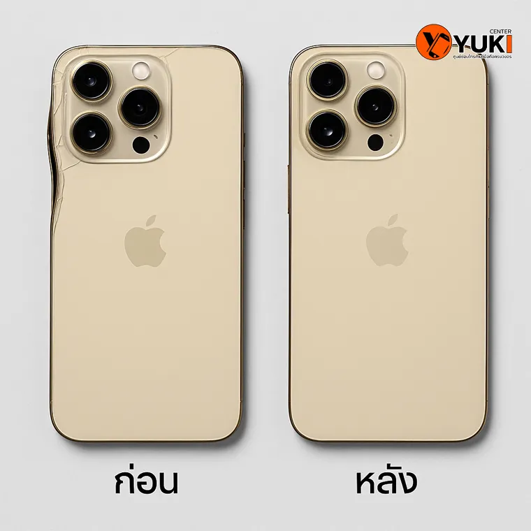 “ภาพ Before After โครง iPhone เบี้ยวจากการกระแทก เปรียบเทียบกับโครงใหม่ที่ตรงสวย ซ่อมโดยช่างผู้เชี่ยวชาญ Yuki Center ปี 2025”