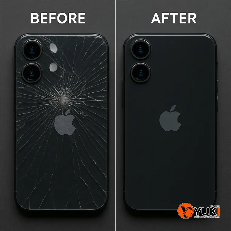 “ภาพ Before After เปลี่ยนฝาหลัง iPhone จากฝาหลังแตกละเอียดเป็นเครื่องสภาพใหม่ ซ่อมโดยช่างผู้เชี่ยวชาญ Yuki Center ปี 2025”