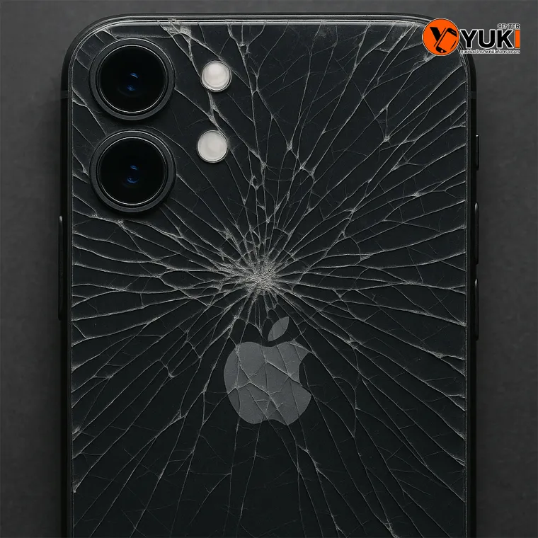“ภาพ Close-up ฝาหลัง iPhone แตกละเอียด เห็นรอยร้าวชัดเจน พร้อมโลโก้ Yuki Center สำหรับแนะนำบริการเปลี่ยนฝาหลัง iPhone ปี 2025”