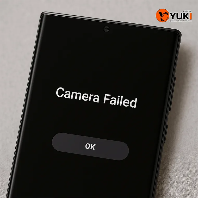 ภาพมือถือ Samsung ขึ้นข้อความ Camera Failed บ่งบอกอาการ Samsung S23 Ultra กล้องหลังเสีย พร้อมแนะนำตรวจเช็กและซ่อมที่ Yuki Center