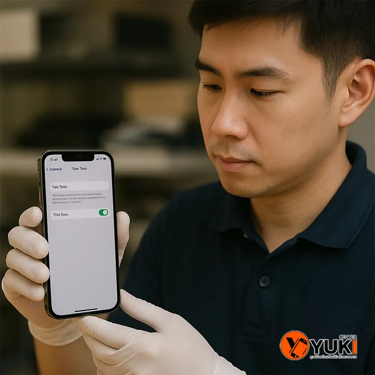 “ช่าง Yuki Center กำลังทดสอบฟังก์ชัน True Tone บน iPhone หลังเปลี่ยนหน้าจอ เพื่อเช็กความสมบูรณ์”