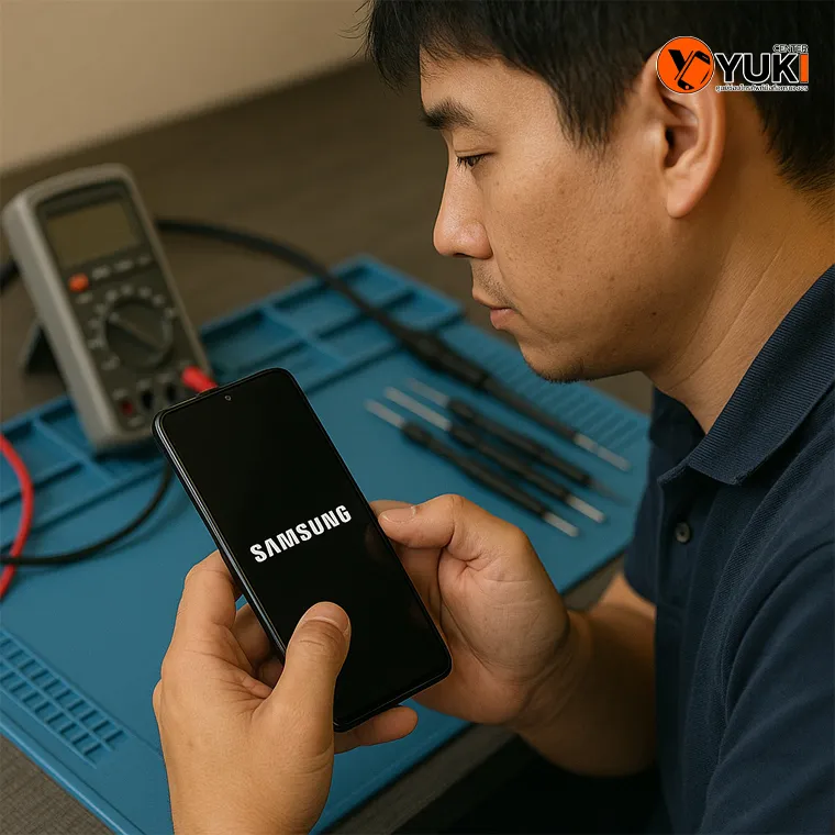 “ช่างเทคนิค Yuki Center กำลังทดสอบเครื่อง Samsung หลังการซ่อม โดยเปิดเครื่องเพื่อตรวจสอบหน้าจอและระบบทำงานบนโต๊ะซ่อมที่มีอุปกรณ์พร้อม”