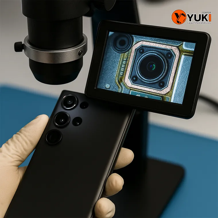ช่างกำลังตรวจสอบโมดูลกล้องหลัง Samsung S23 Ultra ด้วยกล้องไมโครสโคป เพื่อหาสาเหตุอาการกล้องหลังเสีย เช่น โฟกัสพัง เลนส์หลวม หรือ OIS ชำรุด