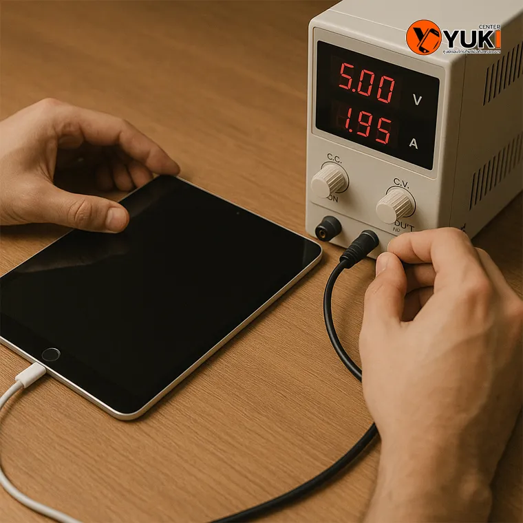 ช่างกำลังตรวจระบบไฟ iPad เปิดไม่ติดด้วยเครื่อง Power Supply แสดงค่ากระแสไฟอย่างละเอียด บนโต๊ะซ่อมของ Yuki Center