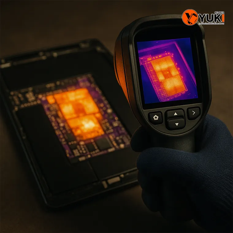 ช่างกำลังใช้กล้อง Thermal ตรวจอุณหภูมิเมนบอร์ด iPad เพื่อหาจุดร้อนและวิเคราะห์ปัญหาภาคจ่ายไฟในห้องซ่อมมาตรฐานของ Yuki Center