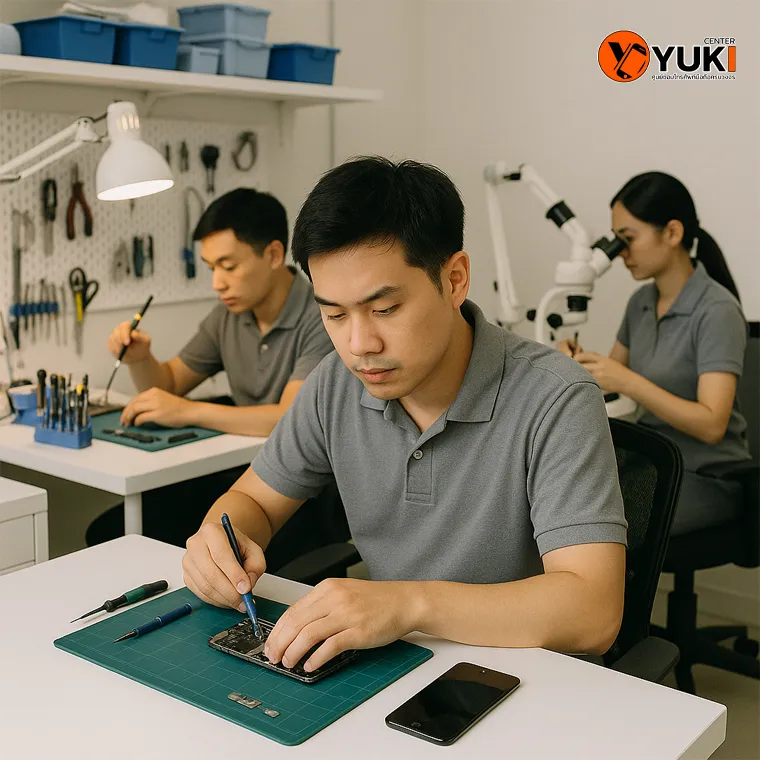 ทีมช่าง Yuki Center กำลังซ่อม iPhone อย่างละเอียดในห้องซ่อมที่สะอาดและมีอุปกรณ์ครบ
