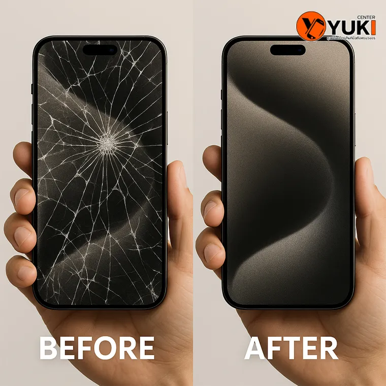 ภาพเปรียบเทียบ Before After iPhone หน้าจอแตกก่อนซ่อมและหลังซ่อมเสร็จที่ร้าน Yuki Center