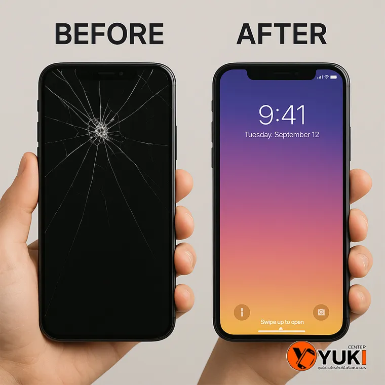 ภาพเปรียบเทียบ Before – After การเปลี่ยนหน้าจอ iPhone จากจอแตกเป็นจอใหม่ โดยร้านซ่อมมือถือ Yuki Center