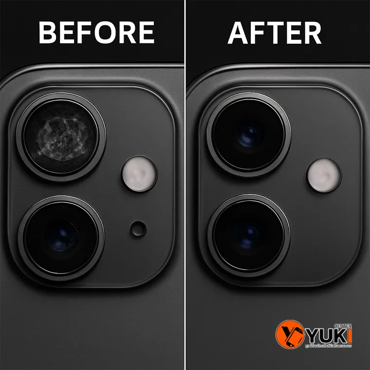 “ภาพ Before–After เลนส์กล้อง iPhone 14 ก่อนและหลังทำความสะอาดและซ่อมโมดูลกล้อง แก้ปัญหาฝ้า คราบ และภาพไม่ชัด โดย Yuki Center”