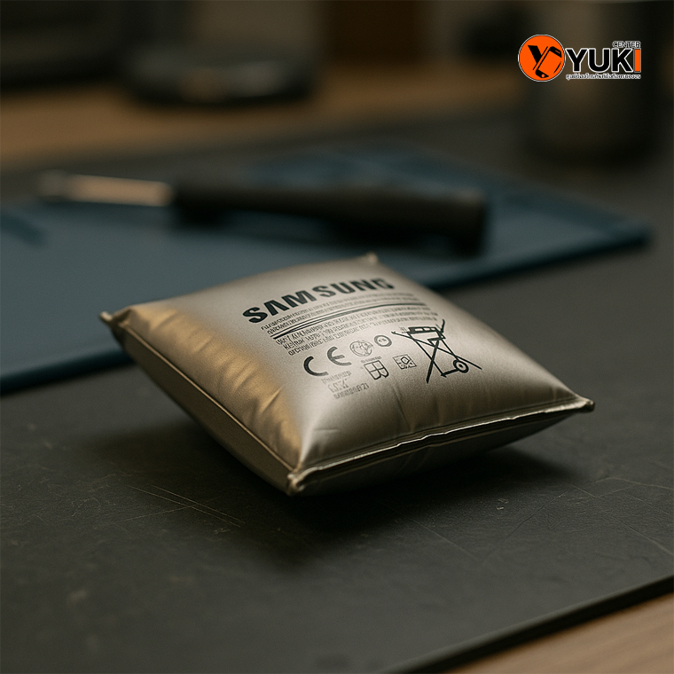 “แบตเตอรี่ Samsung บวม วางบนโต๊ะช่างซ่อม – ตัวอย่างอาการแบตเสื่อมที่ควรเปลี่ยนทันที | Yuki Center”