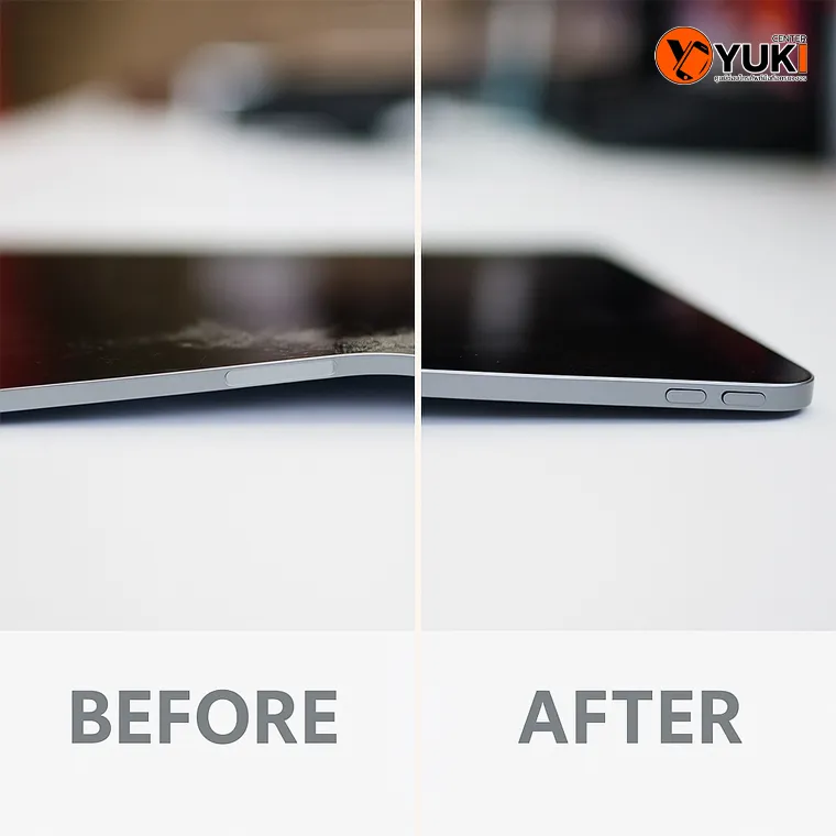 ภาพ Before-After iPad งอ หลังดัดโครงคืน โดยร้านซ่อม iPad มืออาชีพ Yuki Center ช่วยแก้ปัญหาเครื่องงอ เครื่องบิด ปี 2025