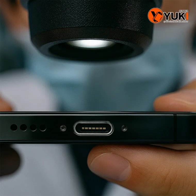 “ภาพช่าง Yuki Center ใช้กล้องไมโครสโคปตรวจสอบพอร์ตชาร์จ iPhone เพื่อเช็กอาการชาร์จไม่เข้าและปัญหาฝุ่นอุดตัน”