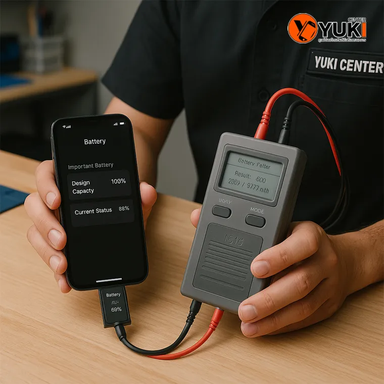 ช่าง Yuki Center ใช้เครื่องวัดความเสื่อมของแบตเตอรี่ iPhone ตรวจสอบประสิทธิภาพการจ่ายไฟในห้องซ่อมมาตรฐาน