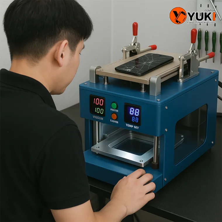 ช่าง Yuki Center กำลังใช้เครื่องลอกกระจกมือถือระบบสุญญากาศในห้องปลอดฝุ่น เพื่อซ่อมหน้าจอ iPhone อย่างละเอียดและปลอดภัย