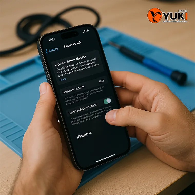 “ภาพมือช่างกำลังตรวจ Battery Health ของ iPhone 14 แสดงค่าแบตเสื่อม บนโต๊ะซ่อมมือถือของร้าน Yuki Center”