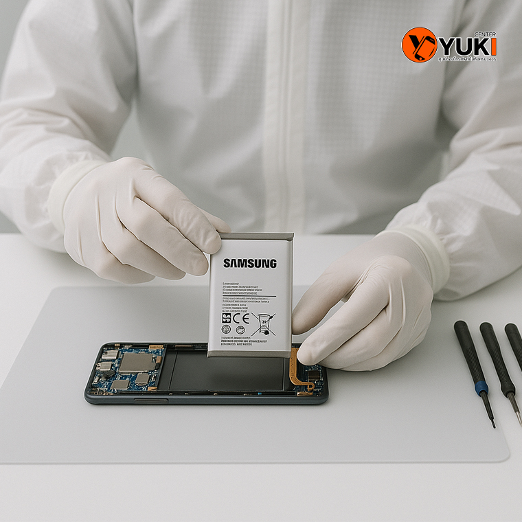 ช่างกำลังเปลี่ยนแบตเตอรี่ Samsung ภายในห้อง Clean Room พร้อมอุปกรณ์ซ่อมมาตรฐาน