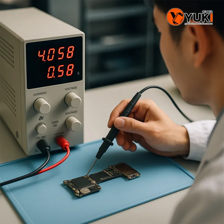“ภาพช่าง Yuki Center ใช้ Power Supply จ่ายไฟและวัดกระแสเพื่อตรวจสอบอาการเมนบอร์ด iPhone 14 เปิดไม่ติดหรือไฟรั่ว”