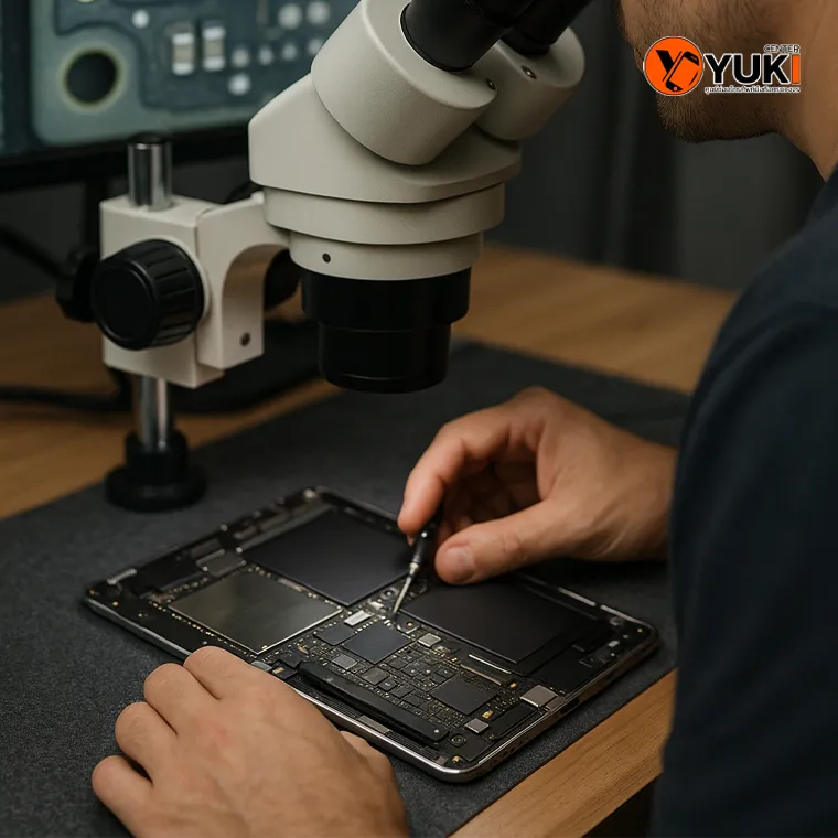 ช่าง Yuki Center ใช้กล้องไมโครสโคปตรวจสอบวงจรปุ่มเปิดเครื่องและปุ่มเพิ่มลดเสียงของ iPad อย่างละเอียด