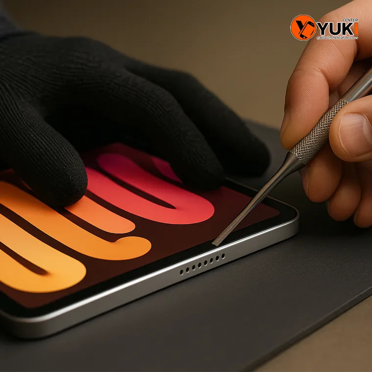 ช่างกำลังใช้เครื่องมือเปิดและตรวจเช็คลำโพง iPad อย่างมืออาชีพบนโต๊ะซ่อมพรีเมียม ที่ร้านซ่อม iPad Yuki Center