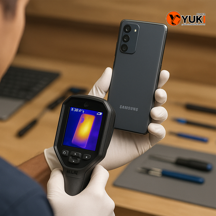 ช่างกำลังตรวจสอบอุณหภูมิความร้อนของมือถือ Samsung ด้วยกล้อง Thermal Camera บนโต๊ะซ่อมที่ Yuki Center