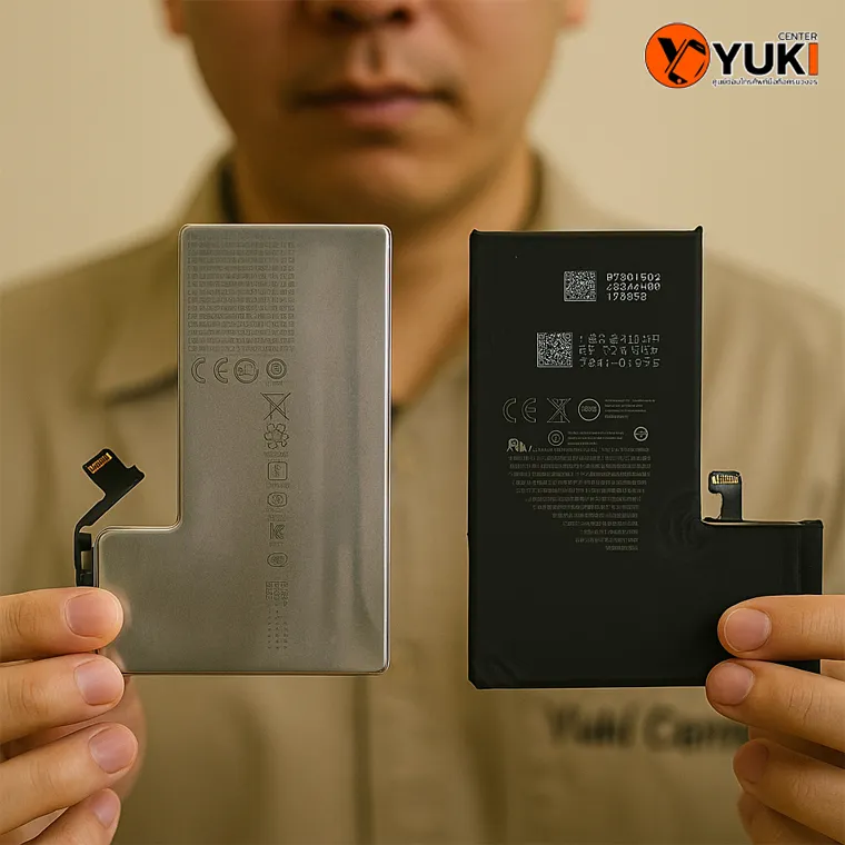 ช่าง Yuki Center ถือแบตเตอรี่ iPhone 12 ของแท้และแบตเทียบ เปรียบเทียบให้เห็นความแตกต่างของวัสดุและคุณภาพ