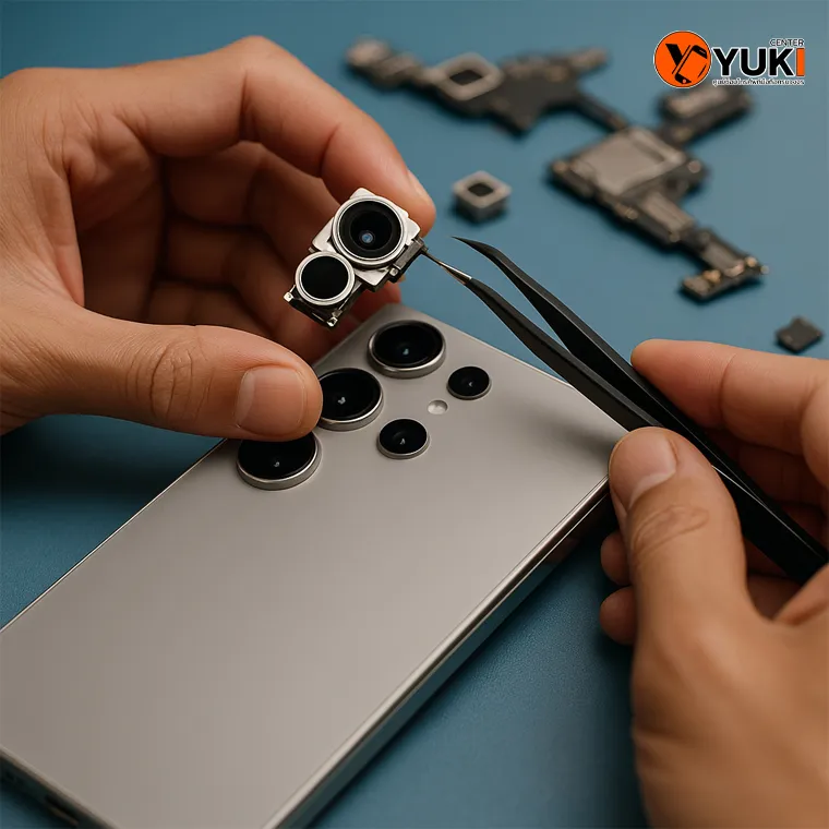ช่างกำลังตรวจสอบและถอดโมดูลกล้องหลัง Samsung Galaxy S24 Ultra แบบ Close-up บนโต๊ะซ่อมมืออาชีพ พร้อมอุปกรณ์ซ่อมและเมนบอร์ด