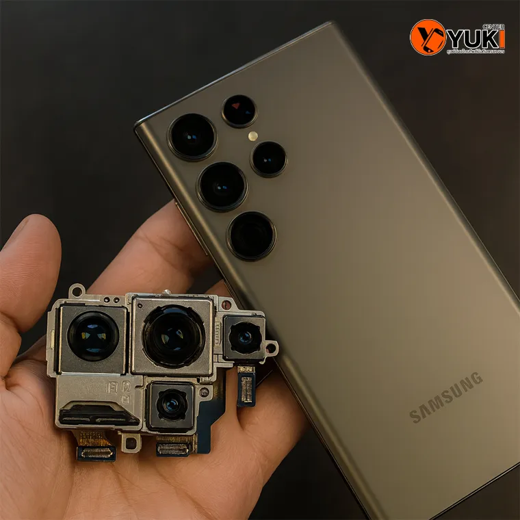 ช่างถือโมดูลกล้องหลัง Samsung Galaxy S24 Ultra แบบถอดออกจากเครื่อง เพื่อแสดงอาการเสียและขั้นตอนตรวจเช็กก่อนซ่อม