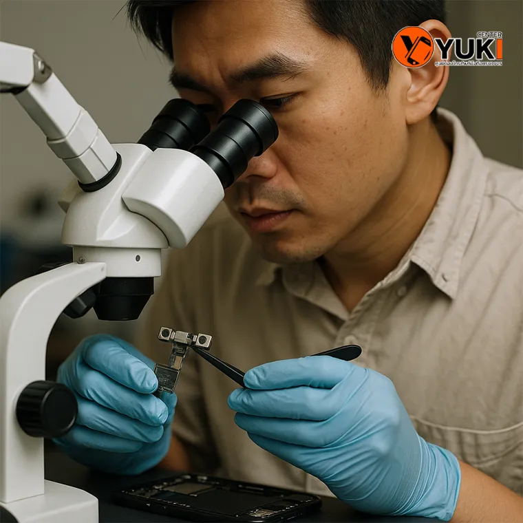 ช่างผู้เชี่ยวชาญกำลังซ่อมชุด Face ID ของ iPhone ด้วยกล้องไมโครสโคปอย่างละเอียดที่ศูนย์ซ่อมมือถือ Yuki Center