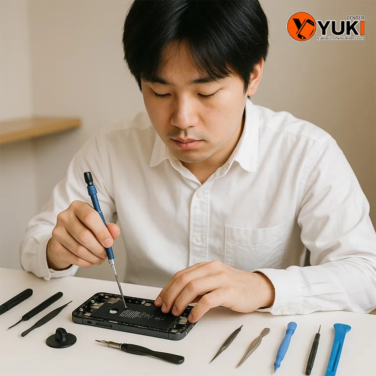 ช่างเทคนิค Yuki Center สวมเสื้อเชิ้ตสีขาวกำลังซ่อม iPhone ด้วยเครื่องมือครบชุด แสดงถึงความละเอียดและความเชี่ยวชาญในการซ่อมมือถือ