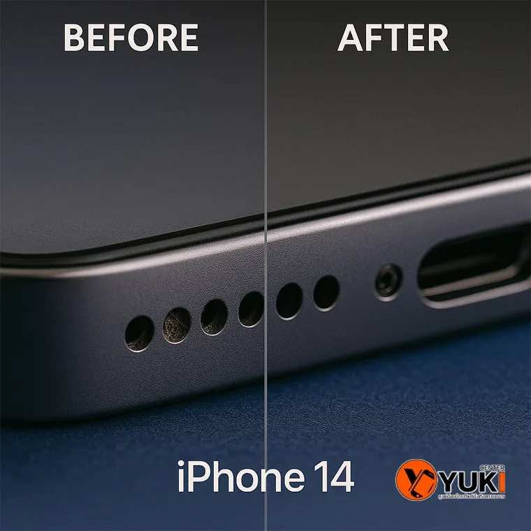 “ภาพ Close-up เปรียบเทียบรูปลำโพง iPhone 14 ก่อนและหลังทำความสะอาด แสดงฝุ่นอุดตันและผลลัพธ์หลังการบริการทำความสะอาดโดย Yuki Center”