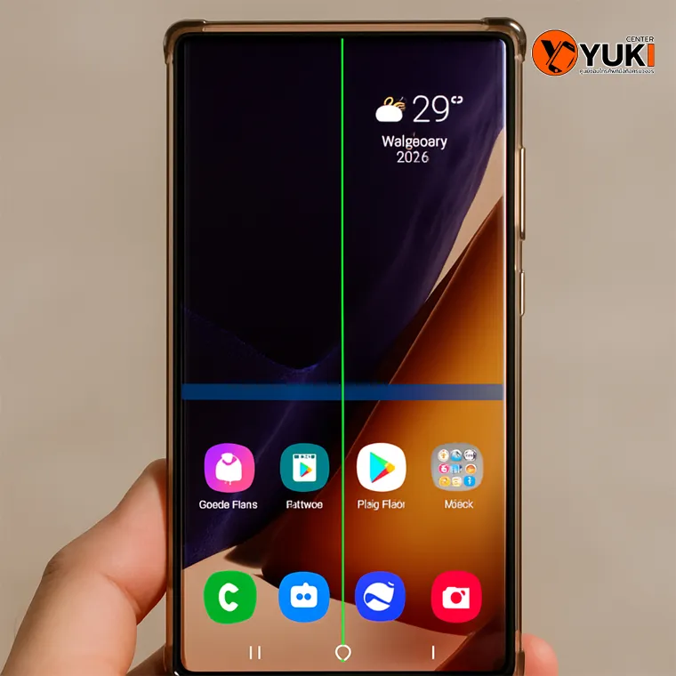 “ภาพหน้าจอ Samsung ขึ้นเส้นแนวตั้งสีเขียวและเส้นแนวนอนสีน้ำเงินแบบชัดเจน แสดงอาการจอเป็นเส้นเสียหายจากแผง AMOLED โดย Yuki Center”
