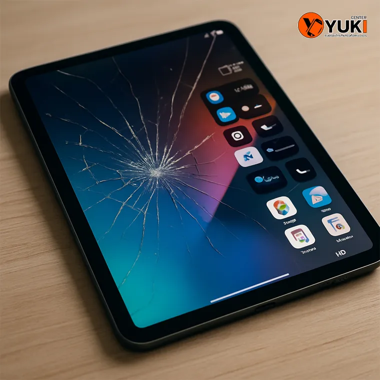"หน้าจอ iPad แตกเป็นรอยร้าวจากแรงกระแทก แสดงอาการแตกรังใยแมงมุม ใกล้ต้องเปลี่ยนกระจกหรือเปลี่ยนจอใหม่ – Yuki Center"