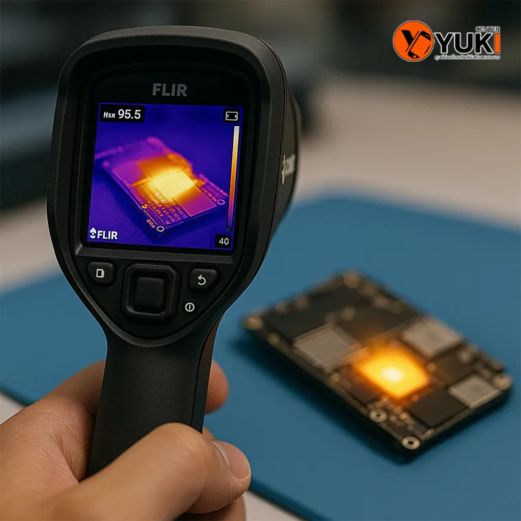 “ภาพช่าง Yuki Center ใช้กล้องเทอร์โมสแกนตรวจจับความร้อนบนเมนบอร์ด iPhone เพื่อหาจุดชำรุดและอาการไฟรั่ว”