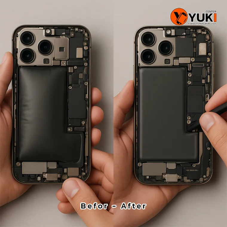 ภาพเปรียบเทียบแบตเตอรี่ iPhone บวมก่อนเปลี่ยน และหลังเปลี่ยนแบตใหม่ที่ร้าน Yuki Center