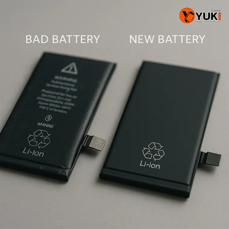 "ภาพเปรียบเทียบแบตเตอรี่ iPhone เสื่อมกับแบตใหม่แบบชัดเจน ช่างซ่อมใช้อธิบายอาการแบตเสื่อมและการเปลี่ยนแบตที่ถูกต้อง – Yuki Center"