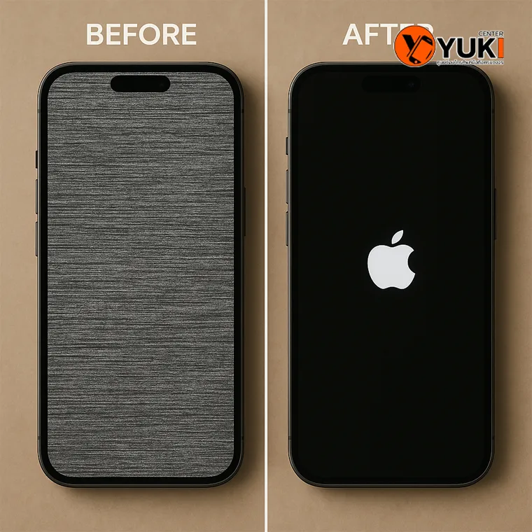“ภาพ Before–After iPhone 16 หน้าจอค้างเป็นลายเส้นก่อนแก้ไข และหน้าจอปกติหลังรีสตาร์ตแสดงโลโก้ Apple โดยศูนย์ซ่อมมือถือ Yuki Center”