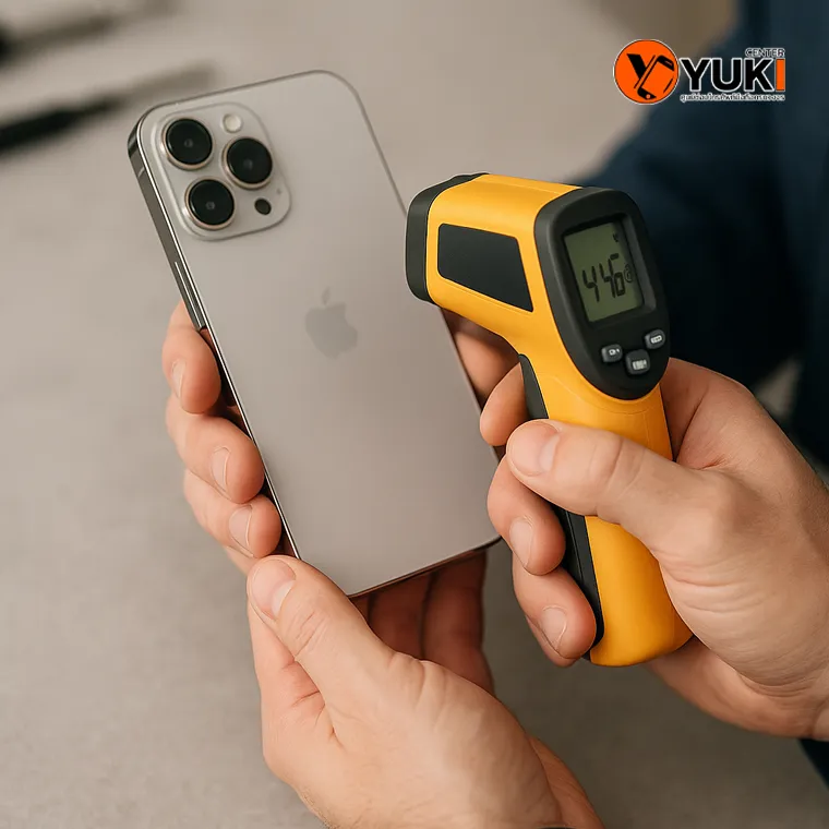 “ช่างกำลังใช้เครื่องวัดอุณหภูมิแบบอินฟราเรดตรวจความร้อนของ iPhone เพื่อเช็กอาการเครื่องร้อนผิดปกติ โดยศูนย์ซ่อมมือถือ Yuki Center”