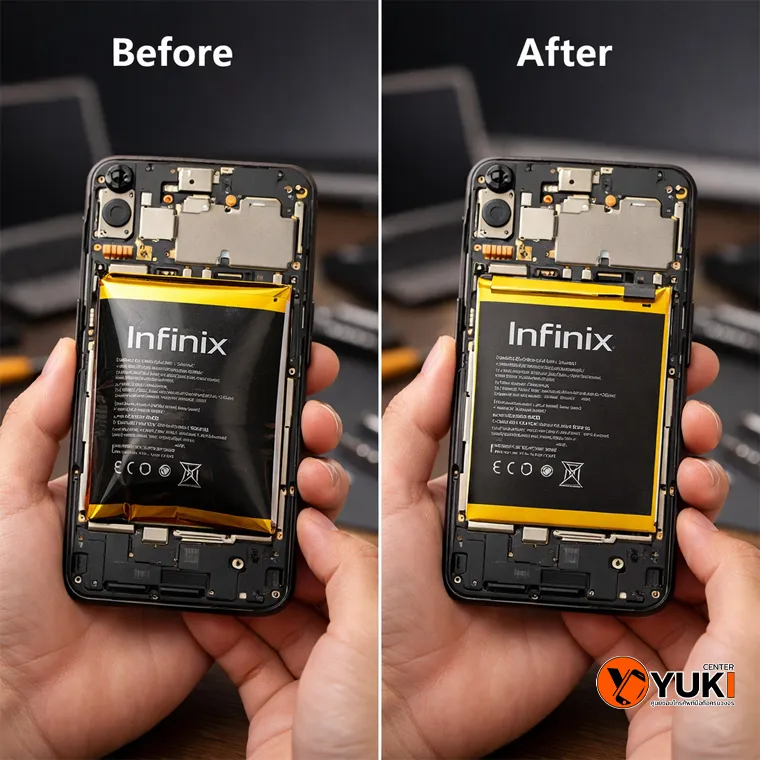 ก่อนและหลังเปลี่ยนแบต Infinix เปรียบเทียบแบตเสื่อมกับแบตใหม่หลังซ่อม