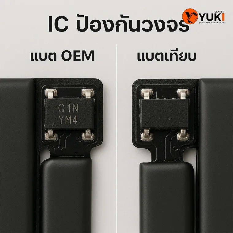 ภาพเปรียบเทียบ IC ป้องกันวงจรของแบตเตอรี่ iPad แบบ OEM กับแบตเทียบ ชี้ให้เห็นความแตกต่างด้านความปลอดภัยและคุณภาพงานซ่อม