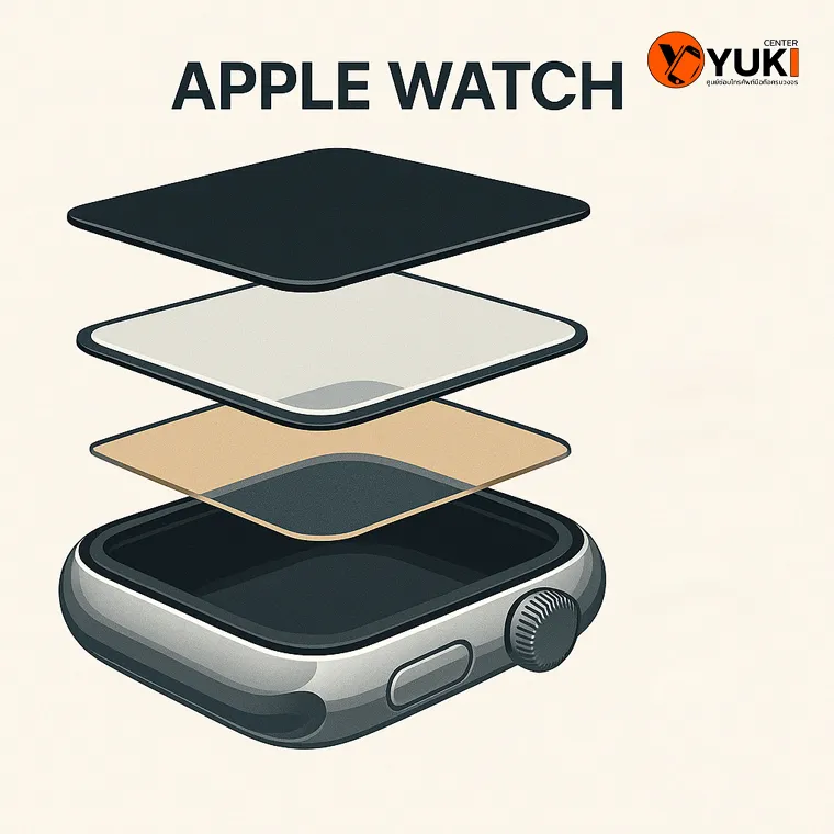 อินโฟกราฟิกโครงสร้างหน้าจอ Apple Watch แบบ Cross-section แสดงชั้นกระจก ระบบสัมผัส และจอแสดงผล OLED