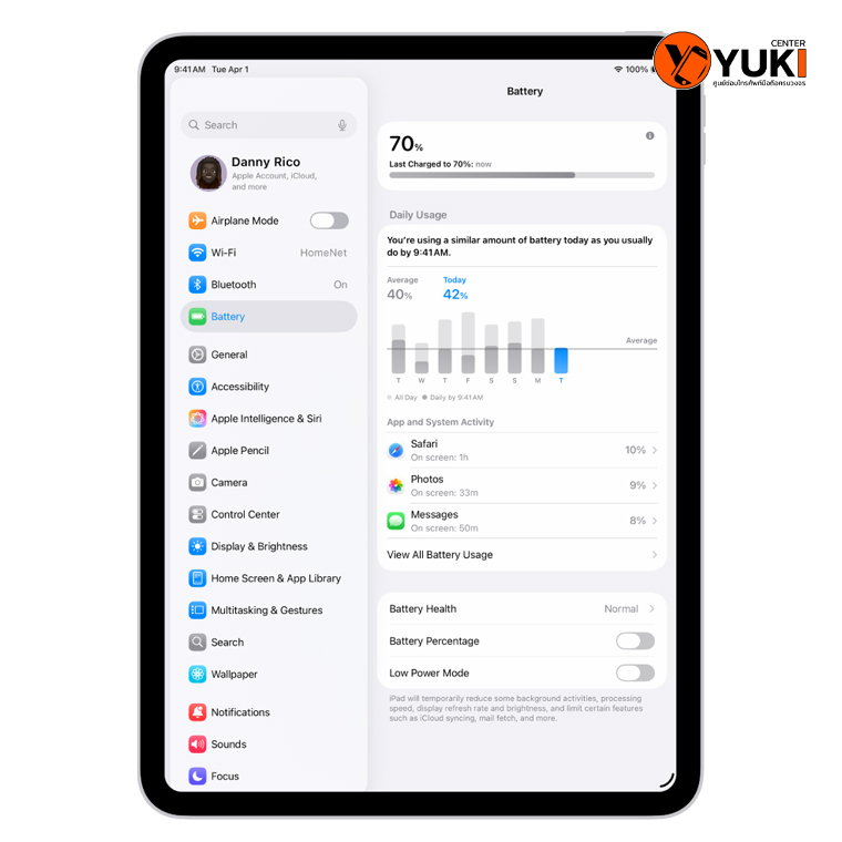 หน้าจอตั้งค่า iPad แสดงเมนู Battery Health และกราฟการใช้งานแบตเตอรี่ เพื่อเช็กอาการแบตลดเร็ว แบตรั่ว